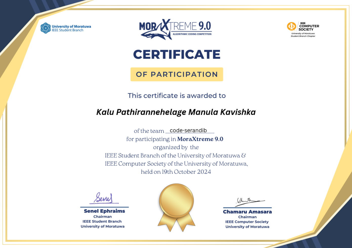   MoraXtreme 9.0, a data and algorithm Hackathon 2024 Certificate